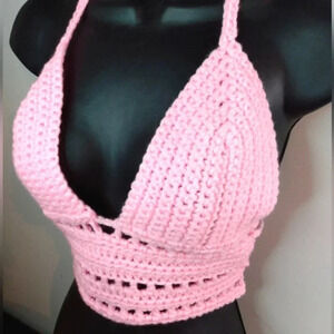 Handmade Pink Crochet Crop Top Halter Corset  String Backless Beach Lounge Wear